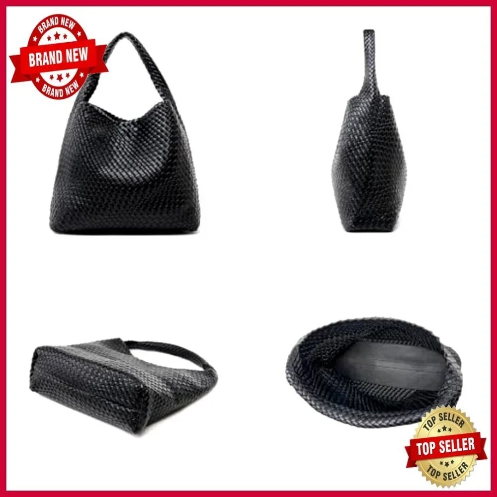 Large Woven Tote Bag with Clutch, Vegan Leather, Spacious Shoulder Bag